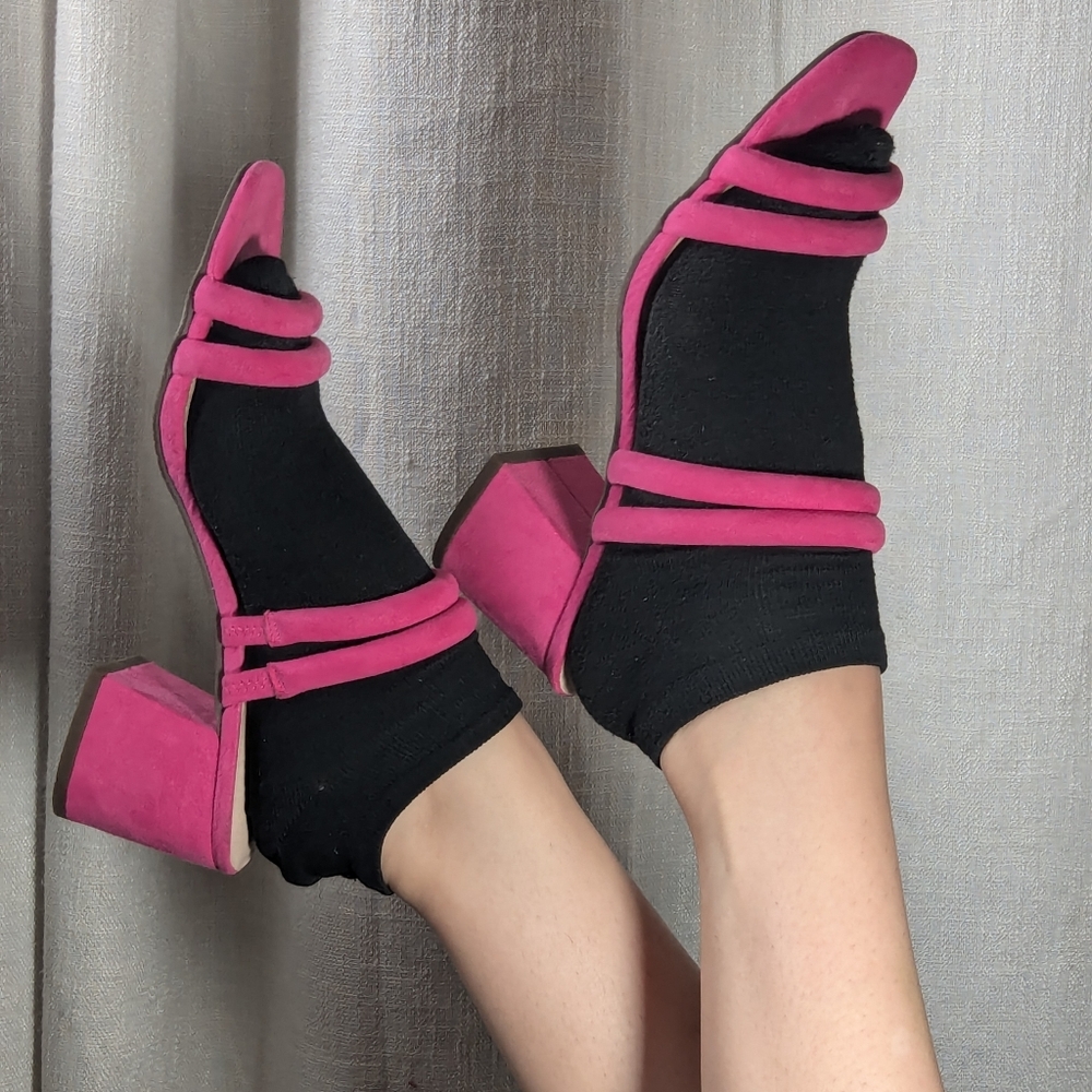 Suede Square Toe Chunky Pink Block Heel Sandals